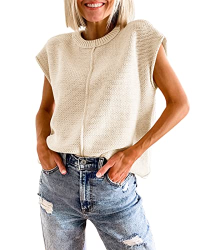 Saodimallsu Womens Tank Tops Summer Causal Loose Fit Cap Sleeve Crew Neck Knit Lightweight Sweater Pullover Top Apricot