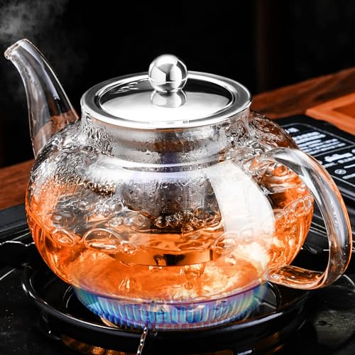 PARACITY Glass Teapot Stovetop 20 OZ/600ml, Tea pot with Removable 18/8 Stainless Steel Infuser, Borosilicate Clear Tea Kettle, Teapot Blooming and Loose Leaf Tea Maker Tea Brewer for Camping, Travel