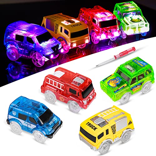 Light Up Magic Cars - Glow in The Dark LED Flashing Toy Cars Compatible with Most Race Tracks (4 Pack)
