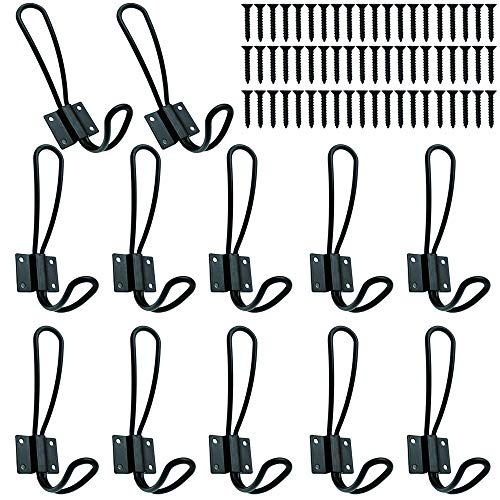 Hajoyful Rustic Entryway Hooks-12 Pack Farmhouse Hooks with Metal Screws Included, Black Decorative Wall Mounted Rustic Coat Hooks Rack, Double Vintage Organizer Hanging Wire Hook Clothes Hanger