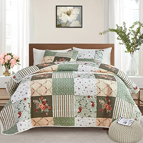 Patchwork Quilt Set Full/Queen Size, 3 Pieces Green Floral Plaid Summer Bedspread Coverlet Set, Soft Microfiber Reversible Lightweight Bed Cover for All Season (90' x 90', 1 Quilt+ 2 Pillow Shams)