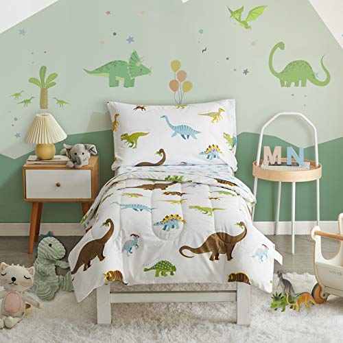 UOZZI BEDDING 4 Pieces Toddler Bedding Set Dinosaur White Includes Comforter, Flat Sheet, Fitted Sheet and Pillowcase