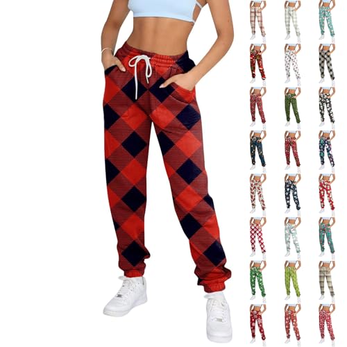 Christmas Sweat Pants for Women Fleece Joggers with Pockets Elastic High Waisted Cinch Bottom Sweatpants 2023 Winter Pants for Teen Girls Comfy Lightweight Green Pants for Women Christmas Sweatpants