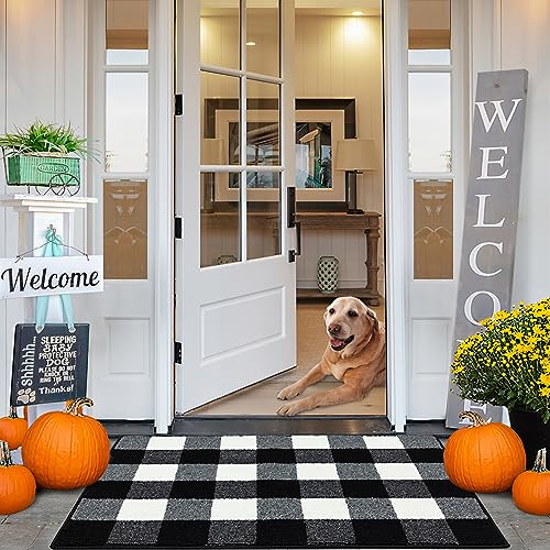 FONEYI Buffalo Plaid Outdoor Rug, 24'x36' Checkered Front Door Mat, Non Slip Absorbent Entryway Rug Doormat Indoor, Washable Outdoor Rugs for Layered Door Mats Front Porch/Farmhouse Black and White