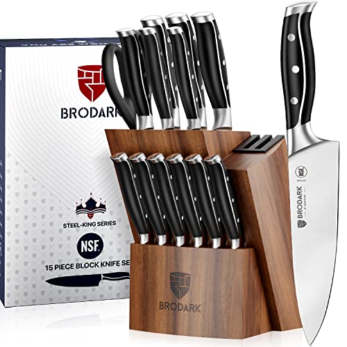 BRODARK Kitchen Knife Set with Block, Full Tang 15 Pcs Professional Chef Knife Set with Knife Sharpener, Food Grade German Stainless Steel Knife Block Set, Steel-king Series, Father's Day Gift