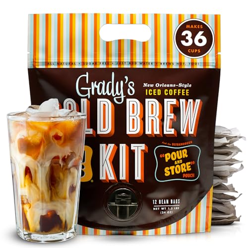 Grady's Cold Brew, Cold Brew Coffee Concentrate, Original Flavor, Cold Brew Kit with 12 (2oz.) Bean Bags plus 1 Pour and Store Pouch, New Orleans Style Cold Brew Concentrate, 36 Total Servings