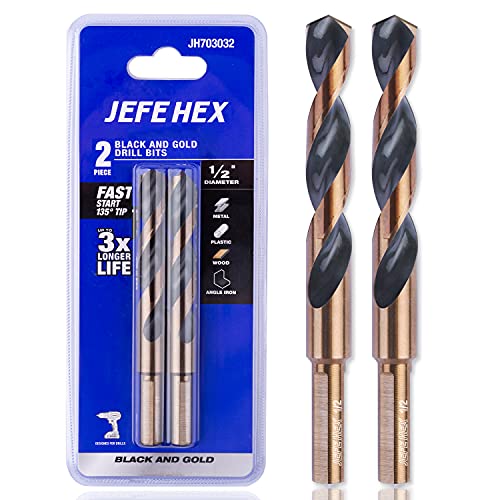 JEFE HEX 1/2' Dia. 5' OAL HSS Twist Drill Bit, General Purpose, 3-Flat Shank, Black and Gold Finished, 135 Degree Split Point, Ideal for Steel/Wood/Copper/Aluminum/Zinc Alloy/Plastic. (2-Piece)