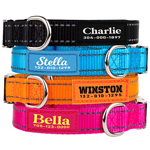 PAWBLEFY Personalized Dog Collars - Reflective Nylon Collar Customized with Name and Phone Number Adjustable Sizes for Small Dogs, Medium, Large 4 Colors Male Female boy Girl Puppies