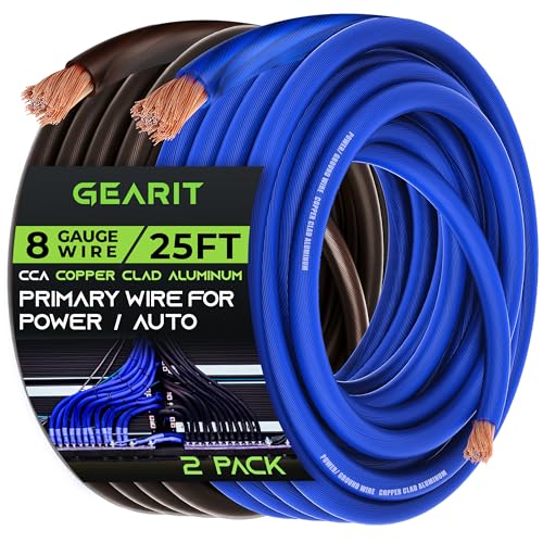 GearIT 8 Gauge Wire (25ft Each - Black/Blue Translucent) Copper Clad Aluminum CCA - Primary Automotive Wire Power/Ground, Battery Cable, Car Audio Speaker, RV Trailer, Amp, Electrical 8ga AWG 25 Feet