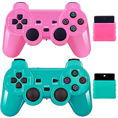 Wireless Game Joystick Controller 2.4G Double Shock Compatible with PS2/P2 (Pink+Green)