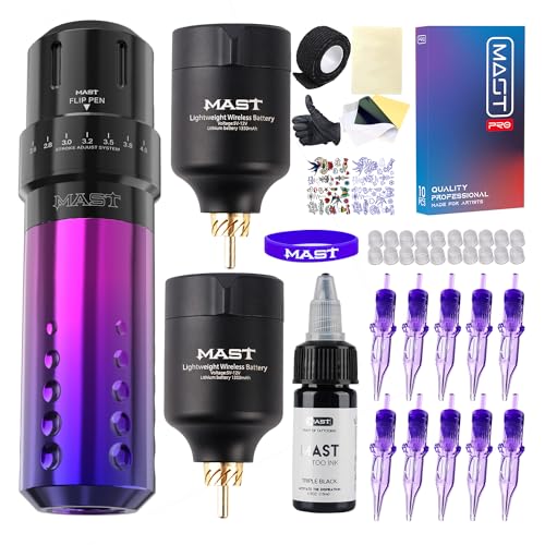 Mast Flip Tattoo Rotary Machine Wireless Pen Kit with 2 Batteries T1 Power Supply Mast Pro Cartridges Needles