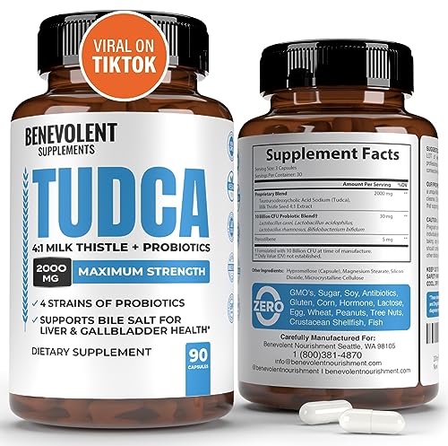 2000mg TUDCA Bile Salts Supplement Complex | Supports Liver Detox & Cleanse, Gallbladder, Gut & Kidney Health | 4:1 Milk Thistle + Probiotics for Max Absorption| USA Made | 90 Non-GMO V Capsules