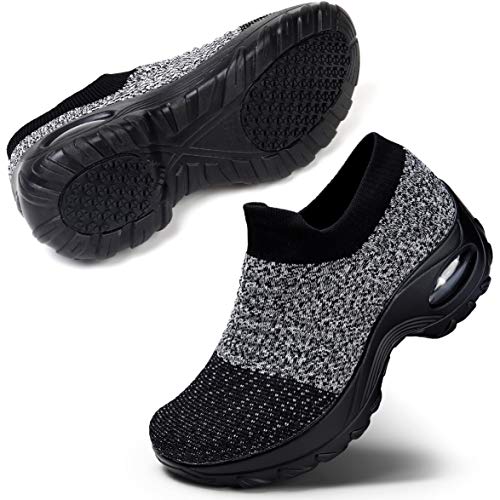 Women's Slip On Air Cushion Walking Shoes Lightweight Platform Sneakers Grey Black Size 7.5