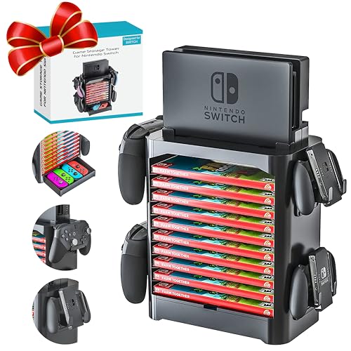 Skywin Game Storage Tower for Nintendo Switch (Black) - Nintendo Switch Game Holder Game Disk Rack and Controller Organizer Compatible with Nintendo Switch and Accessories