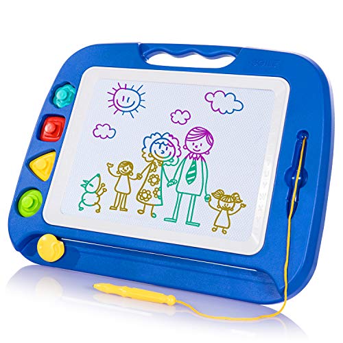 SGILE Large Magnetic Drawing Board - 4 Colors 16×13in Writing Painting Doodle Pad with 4 Stamps for Toddlers, Learning Educational Toy Etch Sketch Gift for 36+ Month Kids Girls Boys, Blue