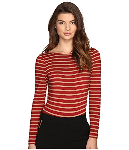 Laveer Women's Red Striped Long Sleeve Scoop Bodysuit, Red, Large