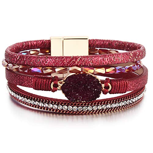 FANCY SHINY Boho Leather Wrap Bracelets Bohemian Crystal Bracelets Trendy Layered Bracelet with Magnetic Clasp Stackable Jewelry for Women (7.7', Wine)