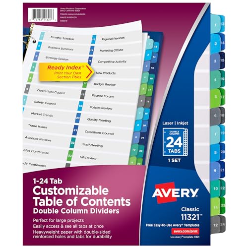 Avery Double Column 24 Tab Dividers for 3 Ring Binders, Customizable Table of Contents, Multicolor Tabs, 1 Set (11321)