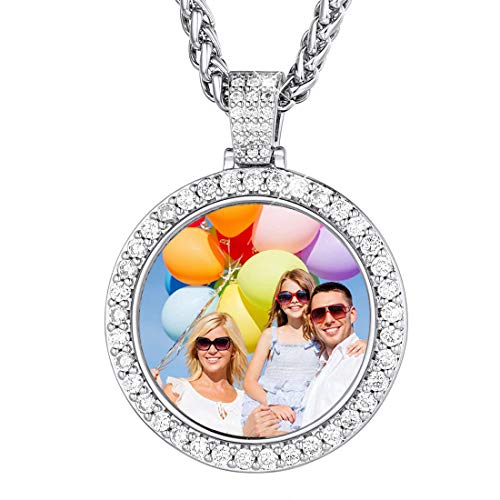 U7 Custom Photo Necklace Men Women Personalized Jewelry Customized Any Picture Pendant Stainless Steel Chain 18-30 Inch, Mothers Day Lover Gift Ice Out Platinum Image Necklaces