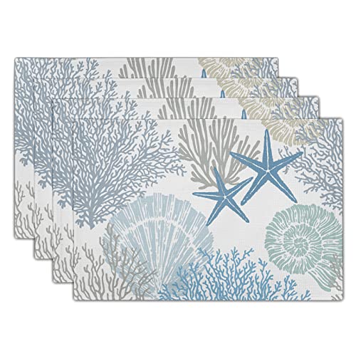 Nautical Placemats Set of 4 Starfish Beach Theme Ocean Seashell Washable Non-Slip Heat Resistant 12×18 Inch Coastal Summer Thick Place Mats Decorative Linen Fabric Table Mat for Dining Table