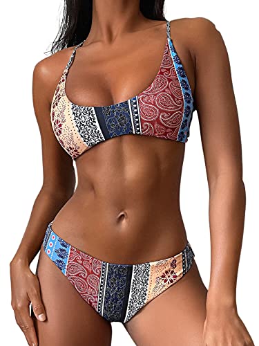 ZAFUL Women's Basic Two-Piece Criss Cross Push Up Bikini Set Textured Spaghetti Straps Wire Free Bathing Suit(Medium,C- Multi-A)
