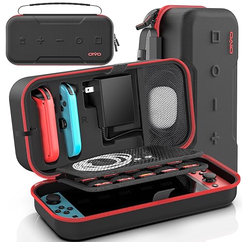 Switch OLED Carrying Case Compatible with Nintendo Switch & Switch OLED, Portable Switch Travel Carry Case Fit for Joy-Con and Adapter, Hard Shell Protective Switch Pouch Case with 20 Games, Red