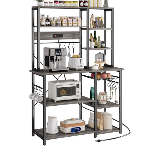 SUPERJARE Large Bakers Rack with Power Outlets, 6-Tier Microwave Stand, Coffee Bar with 12 S-Shaped Hooks, Kitchen Shelf with Wire Basket, 39.3 x 15.5 x 66.9 Inches, Charcoal Gray