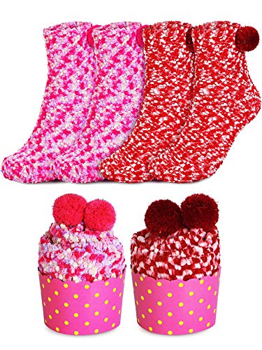 SATINIOR 2 Pairs Cupcake Socks DIY Present Socks for Winter Fuzzy Fluffy Sleeping Socks in a Box Colorful Warm Soft Socks with Cupcake Christmas Valentine's Day Socks Packaging