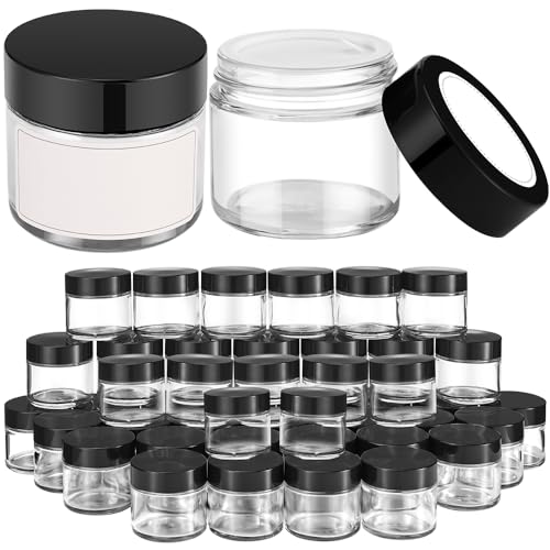2 oz Glass Jars, Bumobum 48 Pack Clear Cream Jars with Black Lids, White Labels & Inner Liners, Empty Round Clear Cosmetic Containers for Cream, Lotion