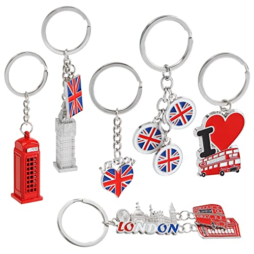 Juvale 6 Pack London Keychain Souvenir Gifts, Key Rings with British UK Flag, Phone Booth, Big Ben, Double-Decker Bus, England