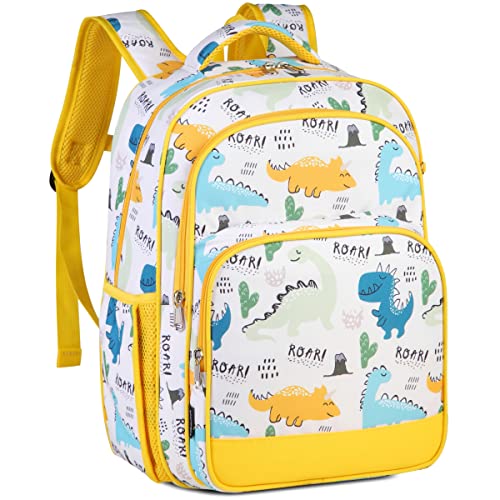 VASCHY Kids backpacks, 16in Water Resistant Backpack for Preschool/Primary/Elementary School Bookbag for Boys Girls with Tablet Sleeve Yellow Dino