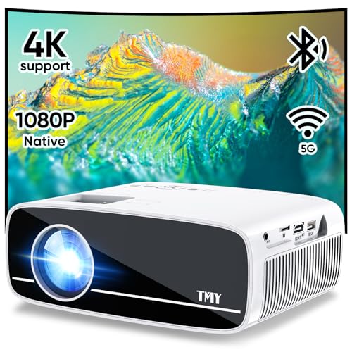 TMY Native 1080P Projector with 5G WiFi and Bluetooth 5.1, 4K Supported Mini Projector, Portable Projector Compatible with TV Stick/Phone/PC/DVD/HDMI/USB/TF, Outdoor Movie Projector