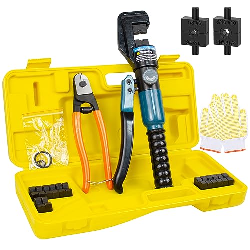 BLIKA 10 Ton Hydraulic Crimping Tool and Cable Cutter, Hydraulic Wire Battery Cable Lug Terminal Crimper Crimping Tool with 11 Dies, Wire Swaging Tool for 1/8' to 3/16' Cable Railing Hardware