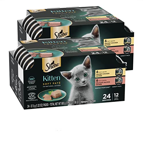 Sheba Wet Food PERFECT PORTIONS Kitten Paté Wet Cat Food Trays (24 Count, 48 Servings), Savory Chicken and Delicate Salmon Entrée, Easy Peel Twin-Pack Trays