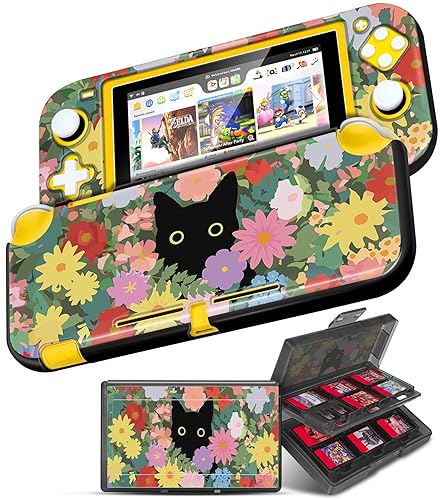 Gurgitat 2in1 Cute for Switch Lite Case Protector Switch Lite Game Cases Cartridge Storage Flowers Black Cat Cartoon Girls 24 Game Card Holder Organizer+Skin Dockable Cover for Nintendo Switch Lite