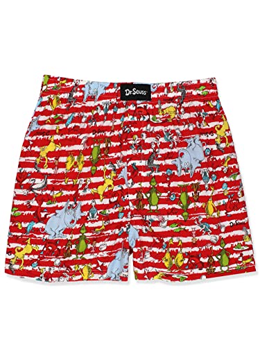 Dr. Seuss Grinch Cat in The Hat Men's Button Fly Boxer Lounge Shorts (Large, Red)