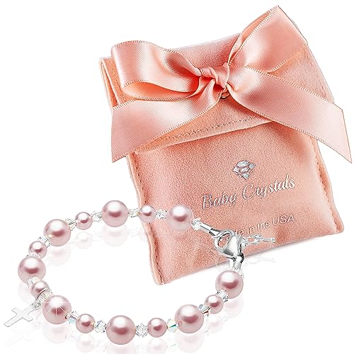 Baby Crystals Pearl Bracelets for Girls, Sterling Silver Cross Charm, Baptism Gifts for Girl, Girls Bracelet, Rosaline Pink Pearls and Crystals, Girls Jewelry Birthday Gift