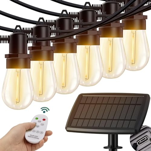 KYY 54FT(48+6) Solar String Lights Outdoor with USB Port Remote Control, LED Waterproof Solar Powered Patio Lights with Vintage Edison Bulbs, Heavy-Duty and UL Listed Porch Market Lights