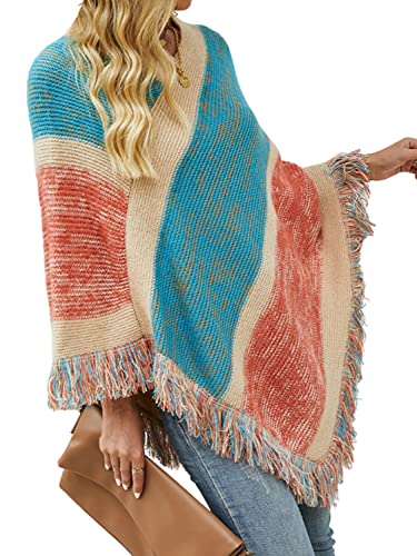 DAVLINA Gorgeous Bohemian Poncho | Soft and Comfortable Lightweight Cardigan Poncho | Cute and Stylish Shawl (Standard, Red Blue Varicolored)