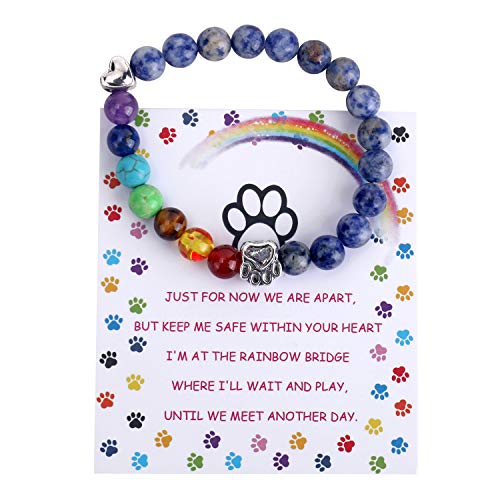 Unijew Pet Memorial Gifts,Rainbow Bridge Bracelet for Beloved Dog Cat,8MM Mixed Color Bead 7 Chakra Pet Memorial Bracelet for Women Men Who Loss of Pets,Pet Sympathy Gift