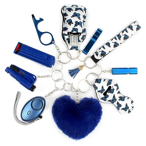 Zesirmay Keychain Set for Women with Alarm, Pom Pom, Whistle, Gifts for Girls, Friends, Women, Mom and Daughter (Cool-Blue)