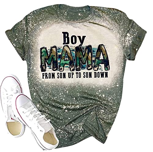 Boy Mama Bleached T-Shirt Boy Mom Shirt Funny Camouflage Leopard Graphic Mother Gift Shirt Mom of Boys Vacation Tops (L, As Shown)