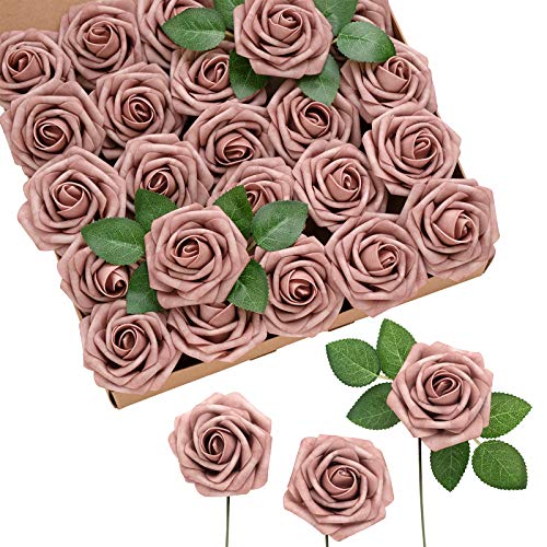 Ling's Moment Artificial Flowers Dusty Rose Roses 25pcs - Dusty Rose Flowers Fake Roses with Stem for DIY Wedding Decorations - Realistic Foam Flowers to Create Your Own Unique Design