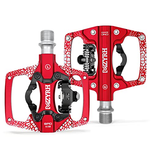 MZYRH MTB Mountain Bike Pedals 3 Bearing Flat Platform Compatible with Dual Function Sealed Clipless Aluminum 9/16' Pedals with Cleats (RED)