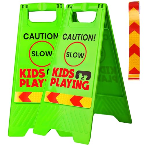 Slow Sign for Kids - Children at Play Safety Signs Bundle - Slow Kids at Play Sign for Street with Reflective Tape - 2 Pack Green