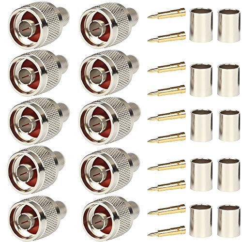 Riotaxy Pack of 10 N Male Plug Crimp Coaxial Connector 50 ohm for LMR400 Belden 9913 RG8 Nickel Machined Brass Construction (10 Piece N Male for lmr400)