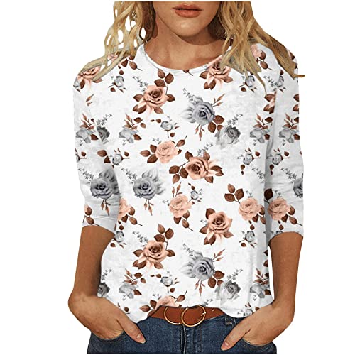 SMIDOW 3/4 Sleeve Tops for Women 2024 Casual Bohemian Floral Print Pullovers Loose Summer Spring Basic t Shirt Blouse