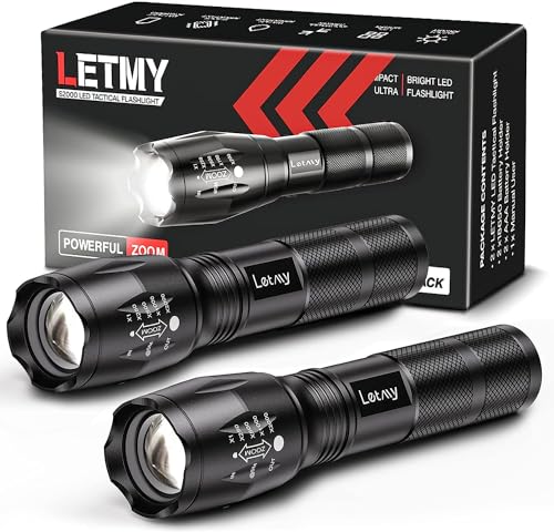 LETMY Tactical Flashlight S2000-2 Pack Bright Military Grade LED Flashlights High Lumens - Portable Handheld Flash Light, 5 Modes Zoomable Waterproof Flashlights for Home Emergency Camping Outdoor