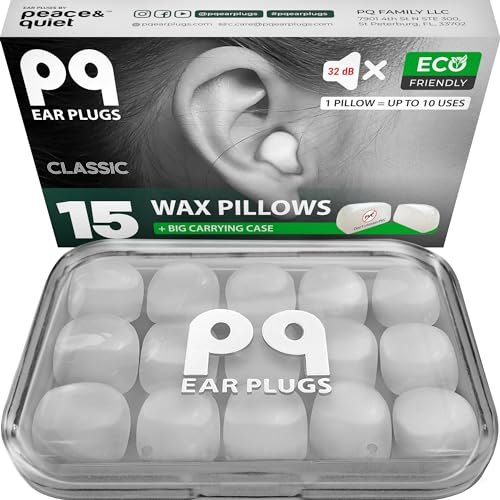 PQ Wax Ear Plugs for Sleeping, Swimming - 15 Soft Noise Cancelling Silicone Gel Wax Earplugs for Sleep and Swimmers, Ear Protection with Sound Blocking Level of 32 Db, (15-Pillows), Color: White