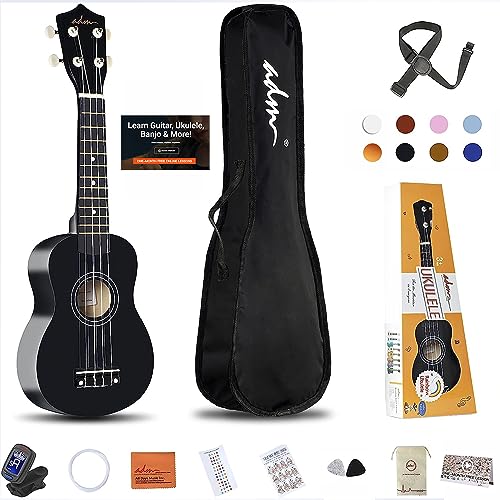 ADM Soprano Ukulele for Beginners 21 Inch Hawaiian Wood Ukelele Kit for Kids Adult Student Starter Professional Ukalelee Pack Bundle with Free Lessons Gig Bag Strap Nylon String Tuner Pick, Black